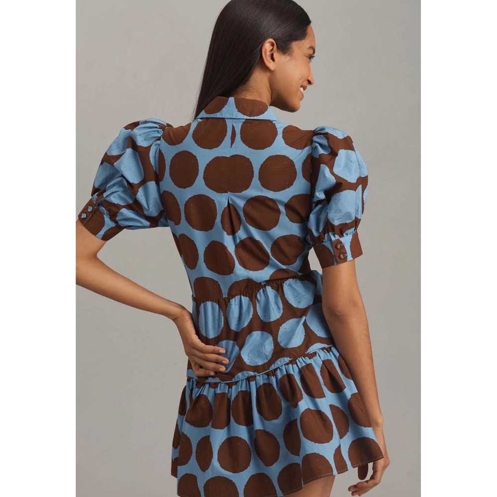 Anthropologie Farm Rio Mini Dress Blue Puff Sleeve Bow Vacay Resort Retro S NWT - Picture 3 of 16